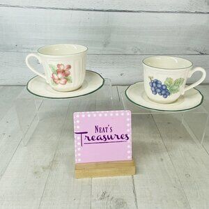 Epoch Noritake MARKET DAY Baroque Fruit Green Trim Rim Flat Cup & Saucer Set 2